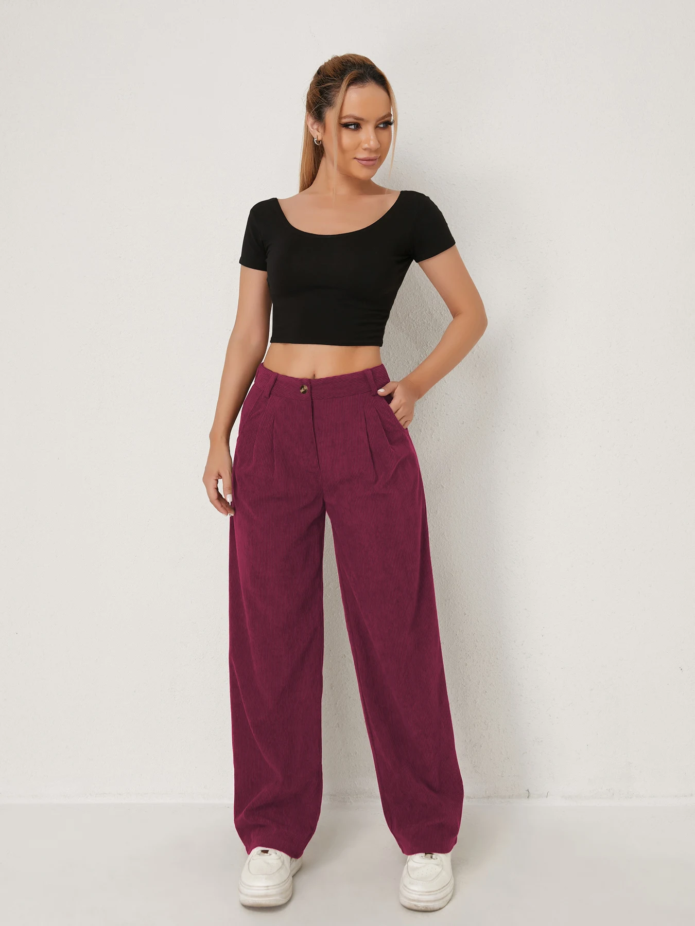 Neue Herbst- und Winter-Freizeitanzüge für Damen in Unifarben aus Cord mit weitem Bein und geraden, samtartigen Hosen, die schlank aussehen – Detail 22