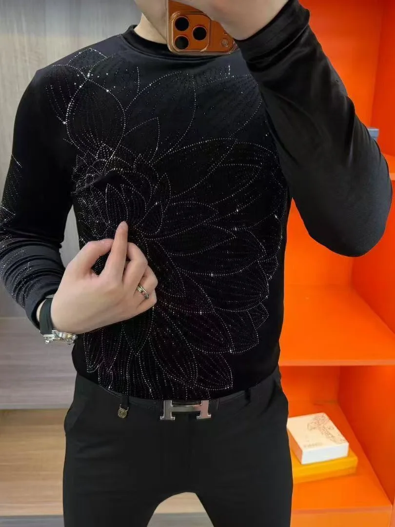 

Модная мужская футболка с длинным рукавом, удобная, с бархатной основой, с трендовым алмазным термотрансферным принтом, универсальная, весенняя новинка