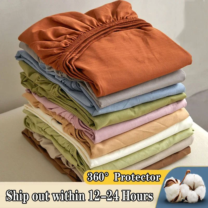 Cotton Fitted Sheet with Elastic Bands Non Slip Adjustable Mattress Covers for Single Double King Queen Bed 140/160/180/200cm