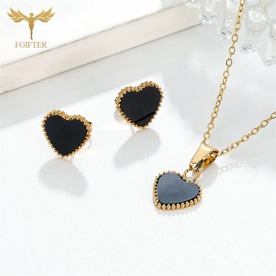 Fashion Women Jewelry Set Wedding Engagement Gifts Golden Stainless Steel Heart Earrings Pendant Necklace High Quality Plated