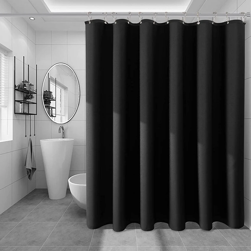 Black Waterproof Bath Curtain with Silver Metal Hooks Thick White Bathroom Shower Curtain Bathtub Bathing Cover Extra Large Wide