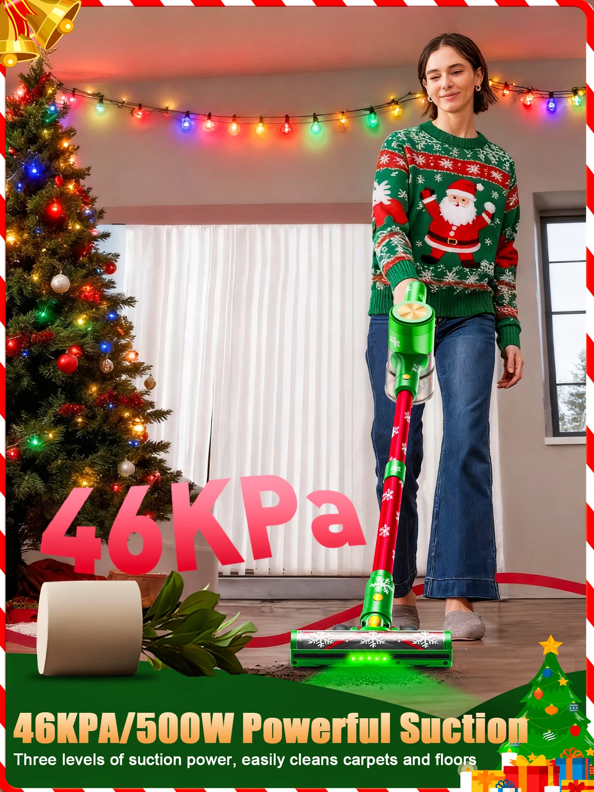Cordless Vacuum Cleaner, 46Kpa/500W/55Mins Vacuum Cleaners for Home, Self-Standing Rechargeable Vacuum, Christmas Gifts
