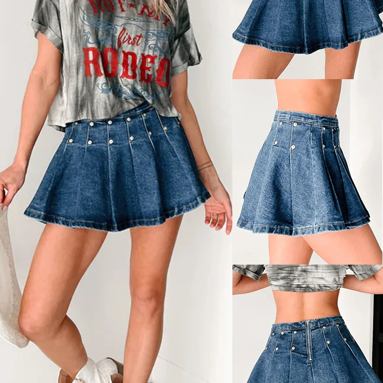 2025 New Fashion Women's American Summer Sexy Rivet A-line Skirts Casual Trendy Vintage Denim Pleated Skirts Female Streetwear