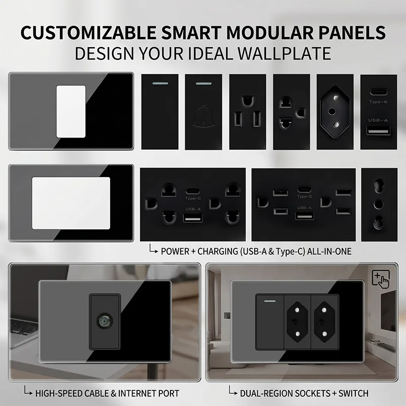 

118mm DIY Modular Design 2x4 inch Tempered Glass Wall Plate with NEMA 5-15R Duplex Outlet and US/EU/Italy/Chile Socket Modules