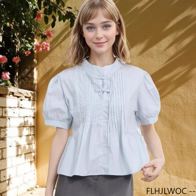 Leuke katoenmix tops kort nieuw ontwerp 2025, vrouw zomer korte mouw casual Japan meisjes retro opstaande kraag blauw vlinderdas shirt