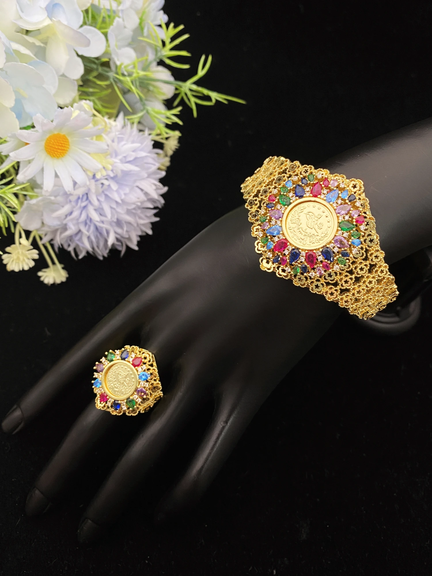 JRH Geometric Openwork 2Pcs Set Gold Plated Bangle And Ring Stackable Elegant Bird Coin Pattern Jewelry for Women