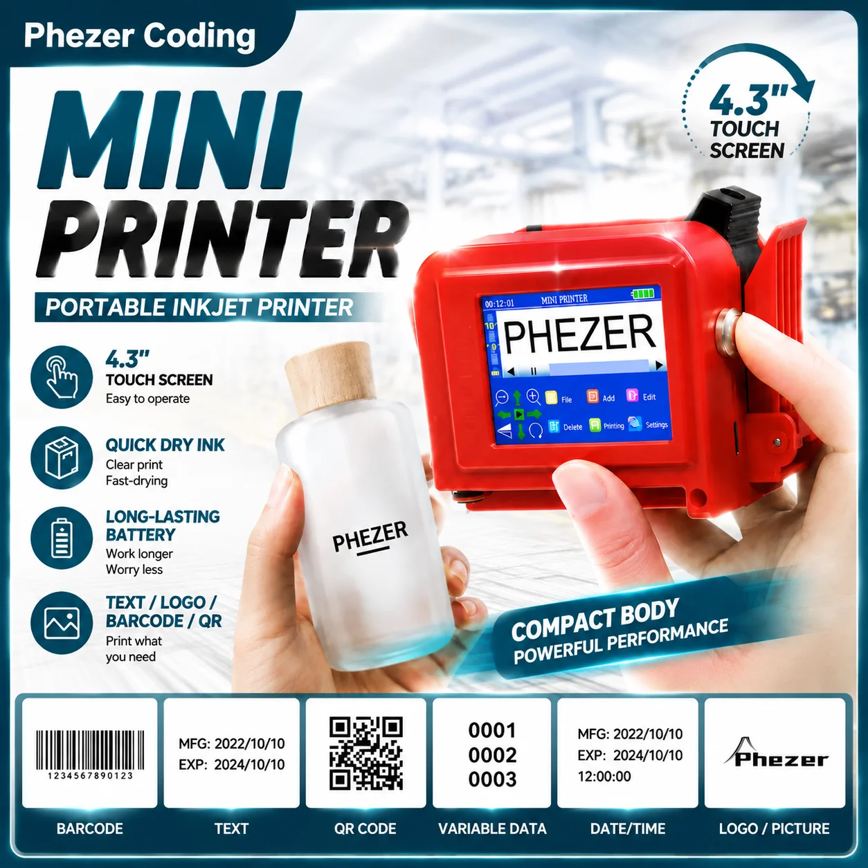 Миниатюрный ручной струйный принтер Phezer PC11plus, 12,7 мм, красные чернила, печать QR-кодов, штрихкодов, даты истечения срока годности, логотипов, поддержка 28 языков, портативный кодировщик.