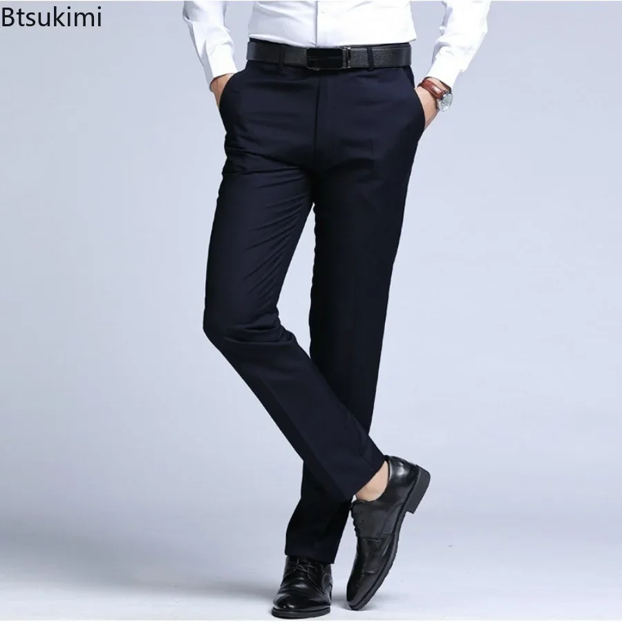 2025 Men\'s Dress Suit Pants Elastic Straight Formal Business Office Club Party Trousers for Men Solid Slim Casual Pants Oversize