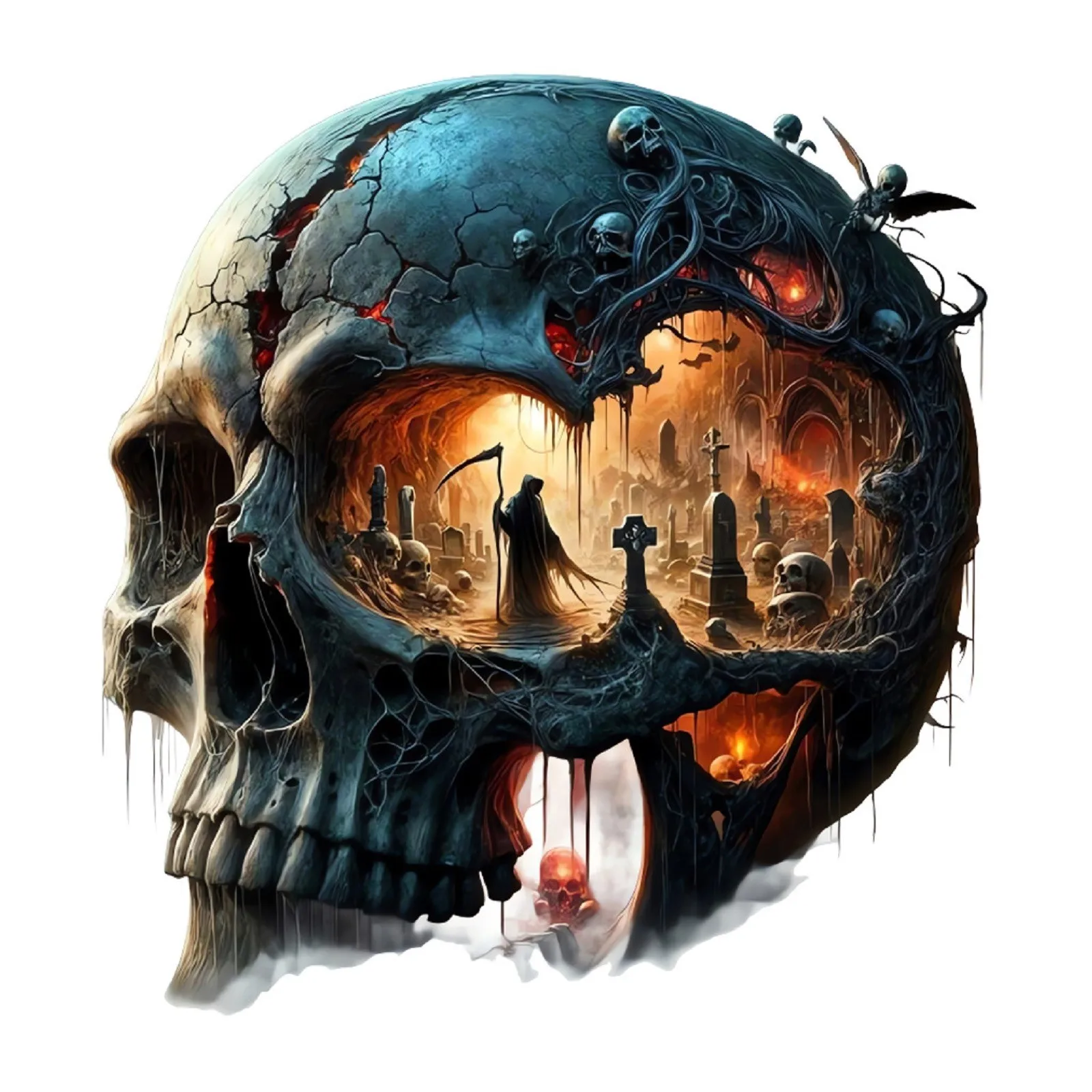 ฮาโลวีน 3D ผลสติกเกอร์ Dark สไตล์โกธิค Skull สติ๊กเกอร์ติดผนังสยองขวัญสุสานธีมตกแต่งบ้านสติกเกอร์