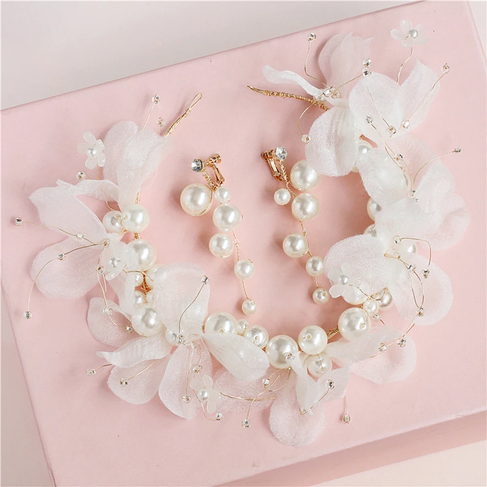 

White Yarn Pearl Hair Crown Earrings Set Lightweight Wedding Hairpiece Bridal Headband Earrings Bride Hair Accessories Party