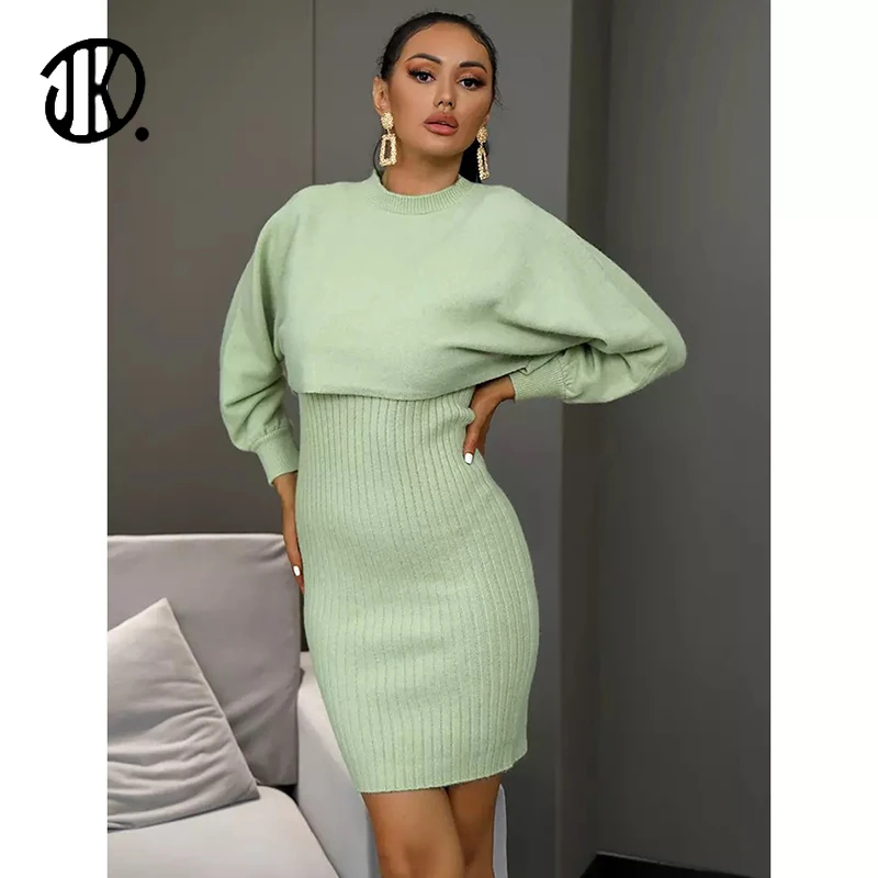 

Elegant Ladies Knitting Full Sleeves Pullover And Buttock Skirt Two Piece Suit Autumn Slim Cropped Outfits For Women Dress Sets