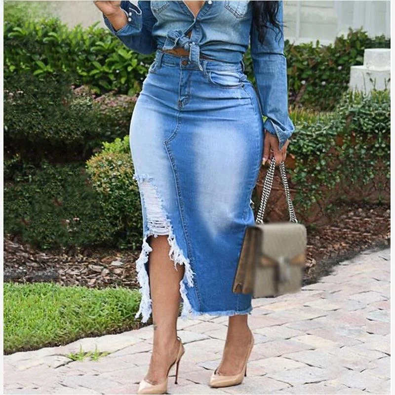 Ripped Denim Skirt Jean Dr Women's Mid-Wah Street Sle Semiformal Blue Cotton And Other Fabric Mixed Materials  Ski...