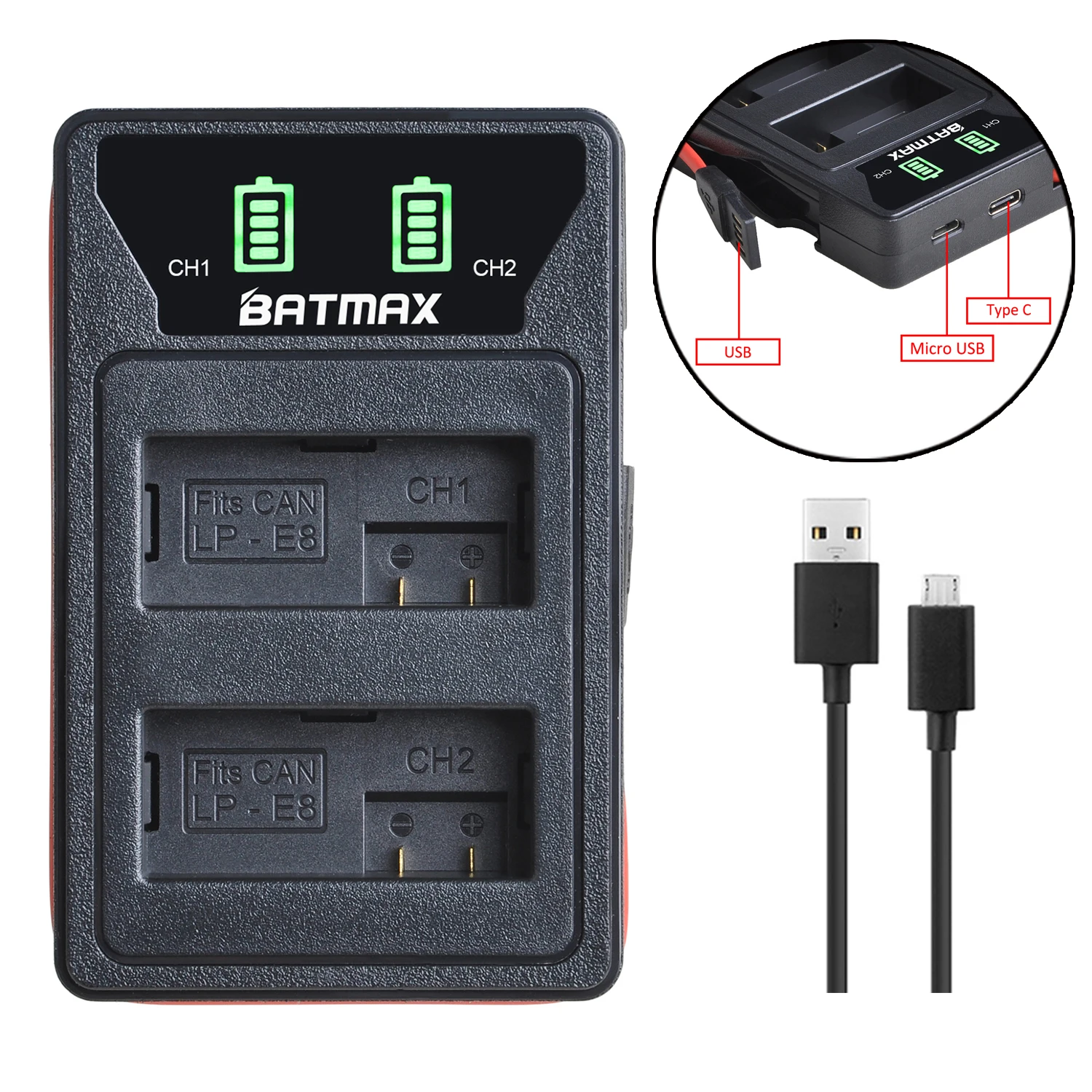 Batmax LPE8 LP-E8 LP E8 baterii + LED podwójna ładowarka USB z portem typu C dla Canon EOS 550D 600D 650D 700D Rebel T2i T3i T4i T5i