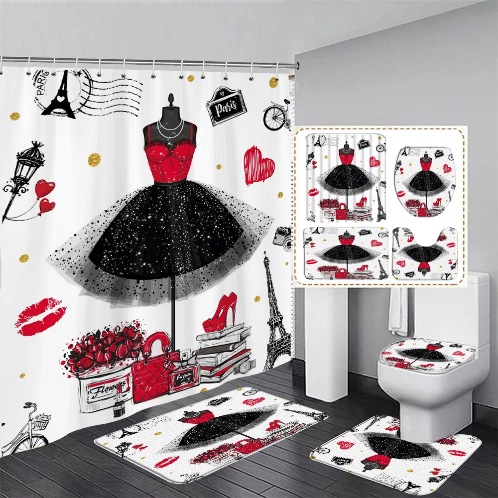 Pink High Heel Perfume Shower Curtain Set Fashion Lipstick Floral Black White Stripe Home Bathroom Decor Bath Mats Toilet Cover