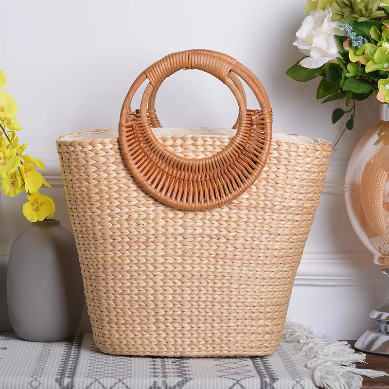 Khaki Handmade Straw Tote Bag Large Capacity Rattan Handbag Seaside Vacation Top-handle Bags No Zipper Bags Photo Decoration Bag