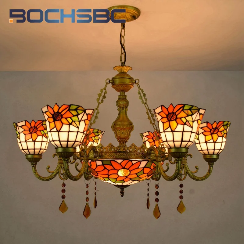 

BOCHSBC Tiffany style stained glass sunflower multi-head crystal chandelier living room dining room hallway decor Pendant lamp