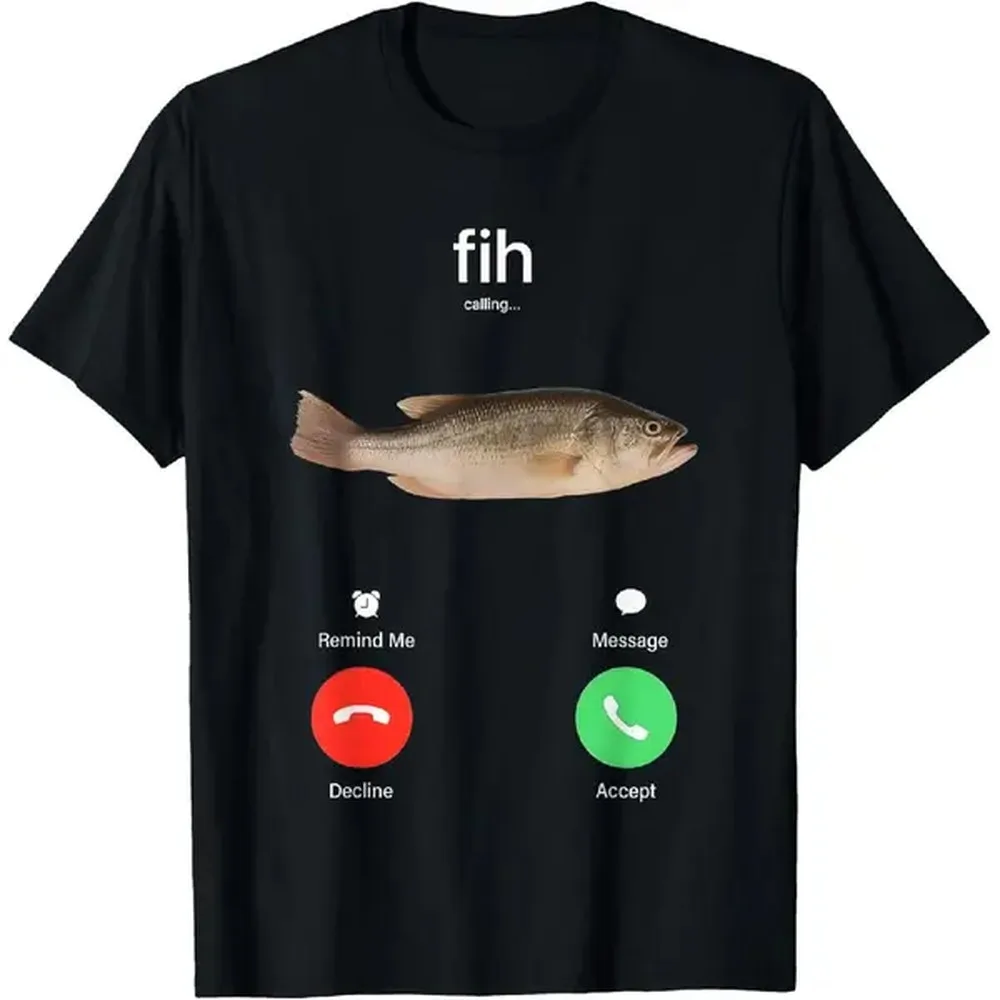 Funny Fishing T-shirt for Men, Classic 100% Cotton Crew Neck Top with Humorous Phone Call Graphic, Breathable Short Sleeve Streetwear, Tshirt, Menswear, Round Neck, Simple, Pairs With Jeans Or Shorts