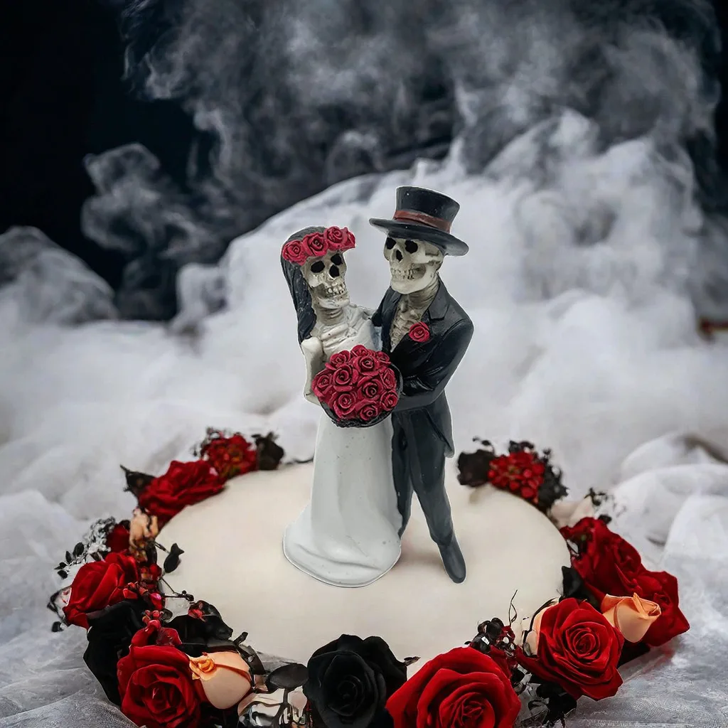 Skeleton Couple Statue, Love Never Dies Bride and Groom Skeleton Couple Wedding Figurine Day of The Dead Skulls Resin Spooky Hal