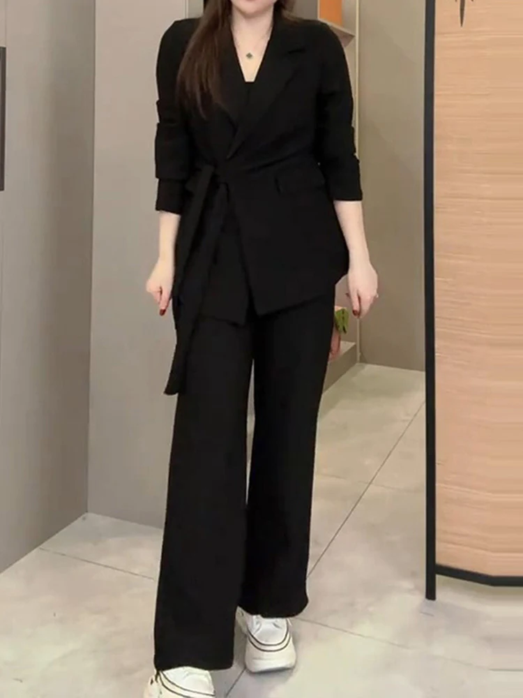 

Корейский модный комплект для похудения: женский осенний новый костюм с поясом, топ и широкие брюки, повседневный комплект из двух предметов