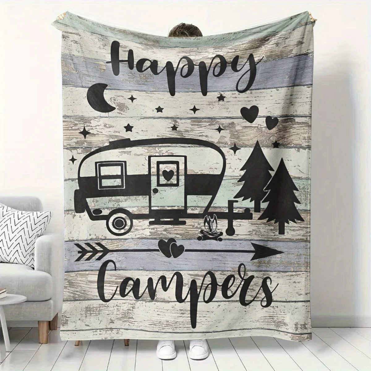 

Cozy Happy Campers Flannel Blanket Personalized Camping Theme Treesand Stars Design Soft Fabric Camping Gear Blankets