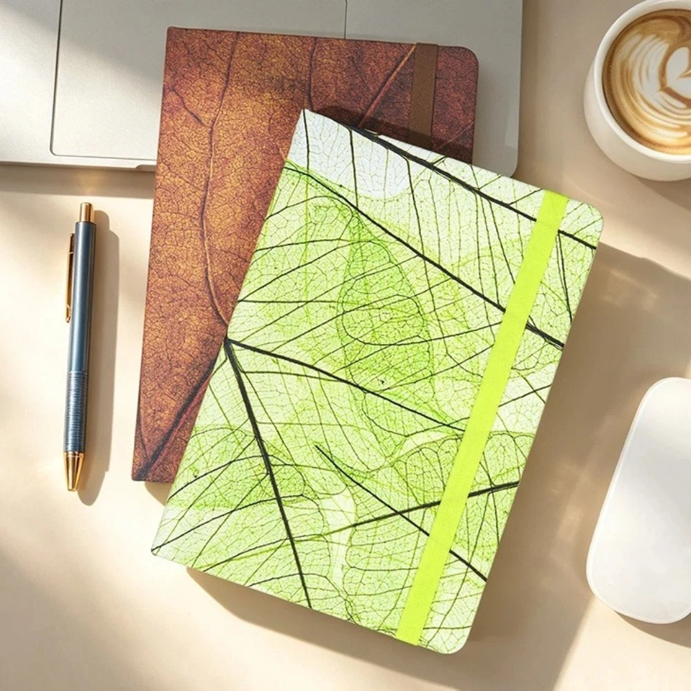 Soft Cover A5 Leaf Vein Notebook Retro Look Lined Pages Pocket Diary Elastic Band Thick Paper Strap Notebook Office Supplies