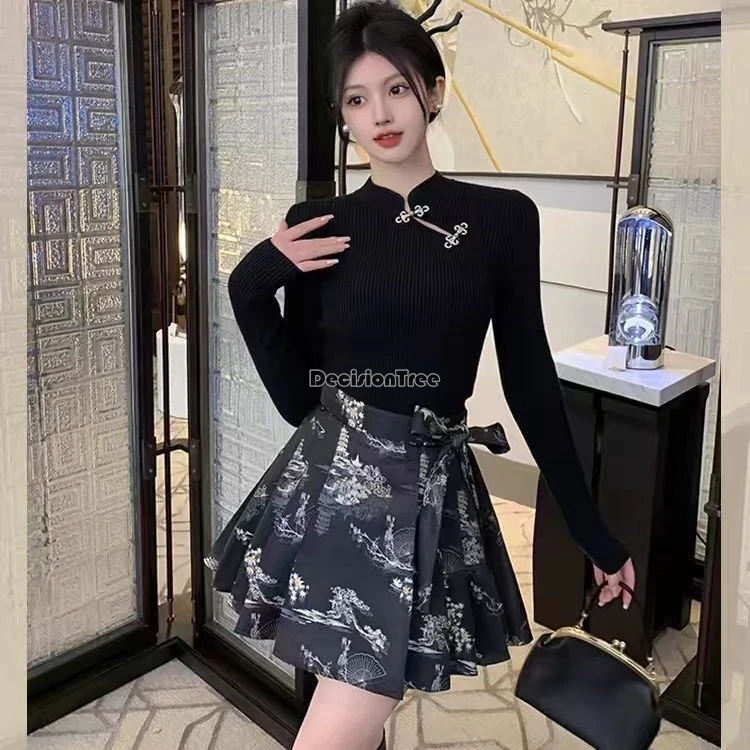 

2024 women's new chinese style disc buckle cheongsam top high waist pleated short skirt two-piece fashion retro style hanfu set