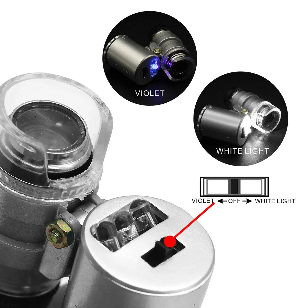 Imagem -03 - Jóias Eye Lupa com Led uv Light Lupa de Bolso Lupa de Jóias Foco Ajustável Mini Microscópio para Gem e Moedas 60x