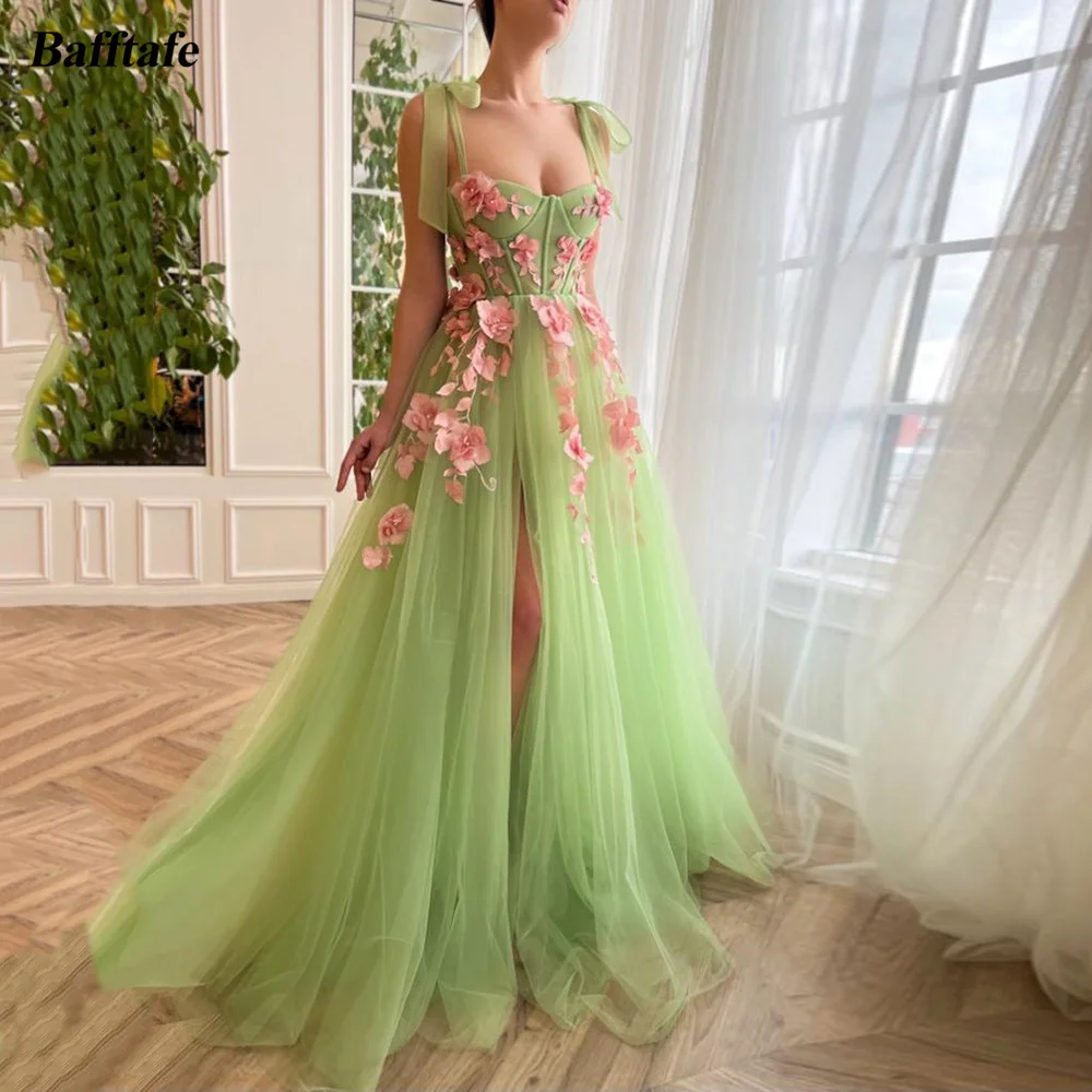 

Bafftafe 3D Flowers Long Prom Dresses Tied Spaghetti Strap Evening Gowns Corset Back Formal Party Dress Women Bridesmaid Dress