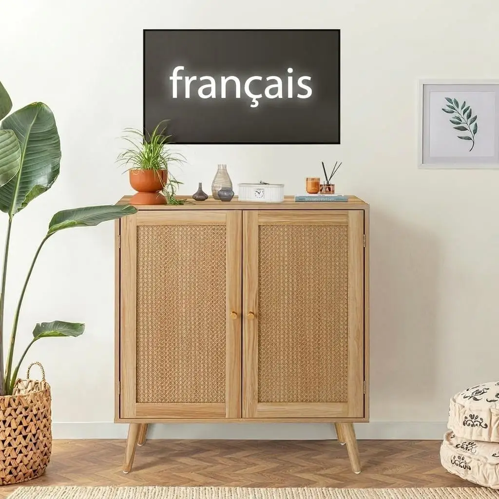 Rattan Buffet Cabinet with Storage, Farmhouse Sideboard with Adjustable Shelves and Solid Wood Feet, Boho Kitchen Cabinet for Dining Room Hallway Entryway, 2 Doors, Natural