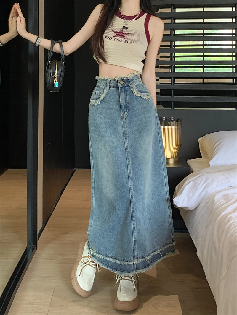 

plus Size Women's Retro High Waist Denim Skirt Summer New Straight Hem A-Line Bodycon Skirt Korean Sle Commute Wind