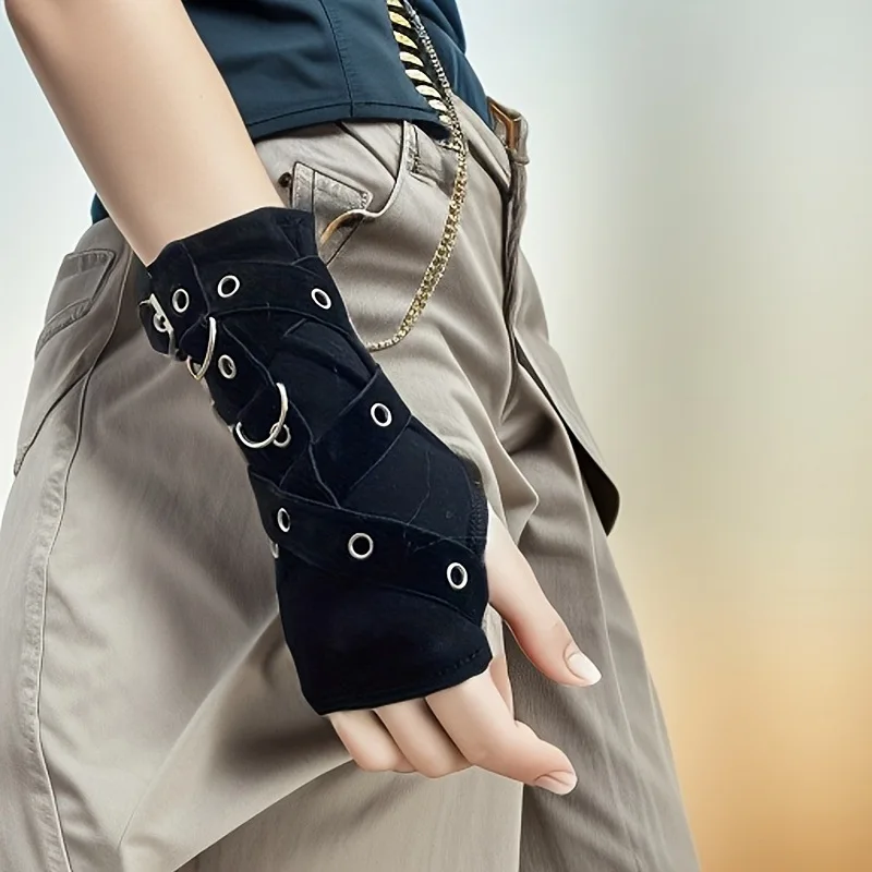 قفازات نصف اصبع داكنة للنساء قفازات قوطية سوداء بدون أصابع بأكمام قصيرة هاراجوكو فتاة حارة فردية متخصصة