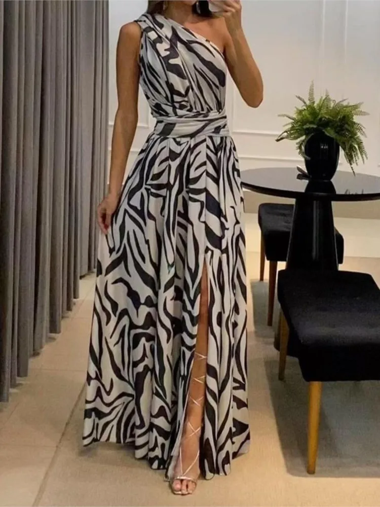 

Summer Sexy One Shoulder Print Long Dresses For Women Fashion Backless Lace Up High Split A-line Sleeveless Party Dress Vestido