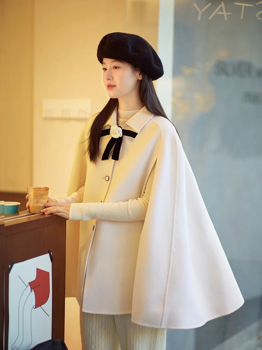 

LelezStudio Double-Sided White Woolen Cloak Vintage Sle Australian Merino Wool 00% Women's Faion Winter Coat