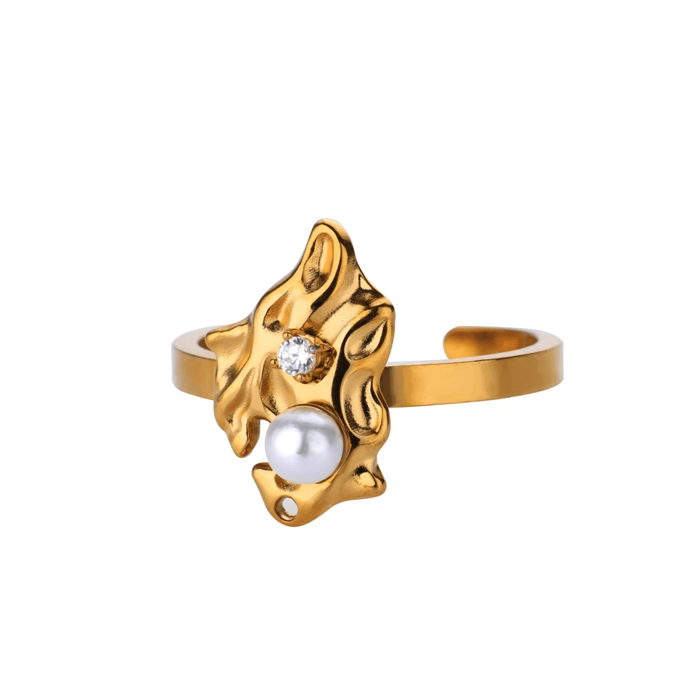 Zircon Pearl Irregular Rings For Women Gold Color Stainless Steel Opening Geometric Ring Party Christmas Wedding Jewelry Gift