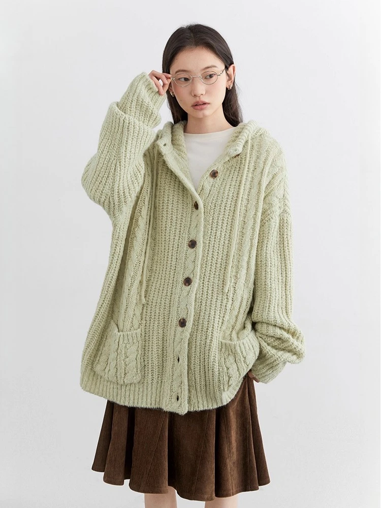 CHIC VEN Korean Women Sweaters Loose Casual Long Hooded Drawstring Knitted Cardigan Female Warm Jacket Autumn Winter 2025