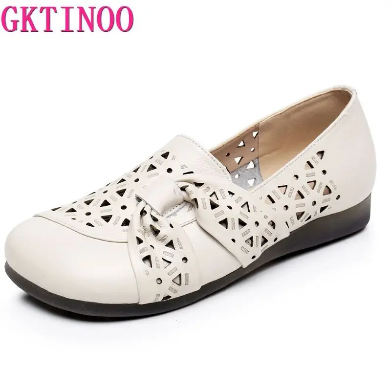 

GKTINOO Mother Shoes Summer Sandals Female Genuine Leather Soft Comfortable Slip-On Women Flats Hollow Shoes For Wide Fat Foot