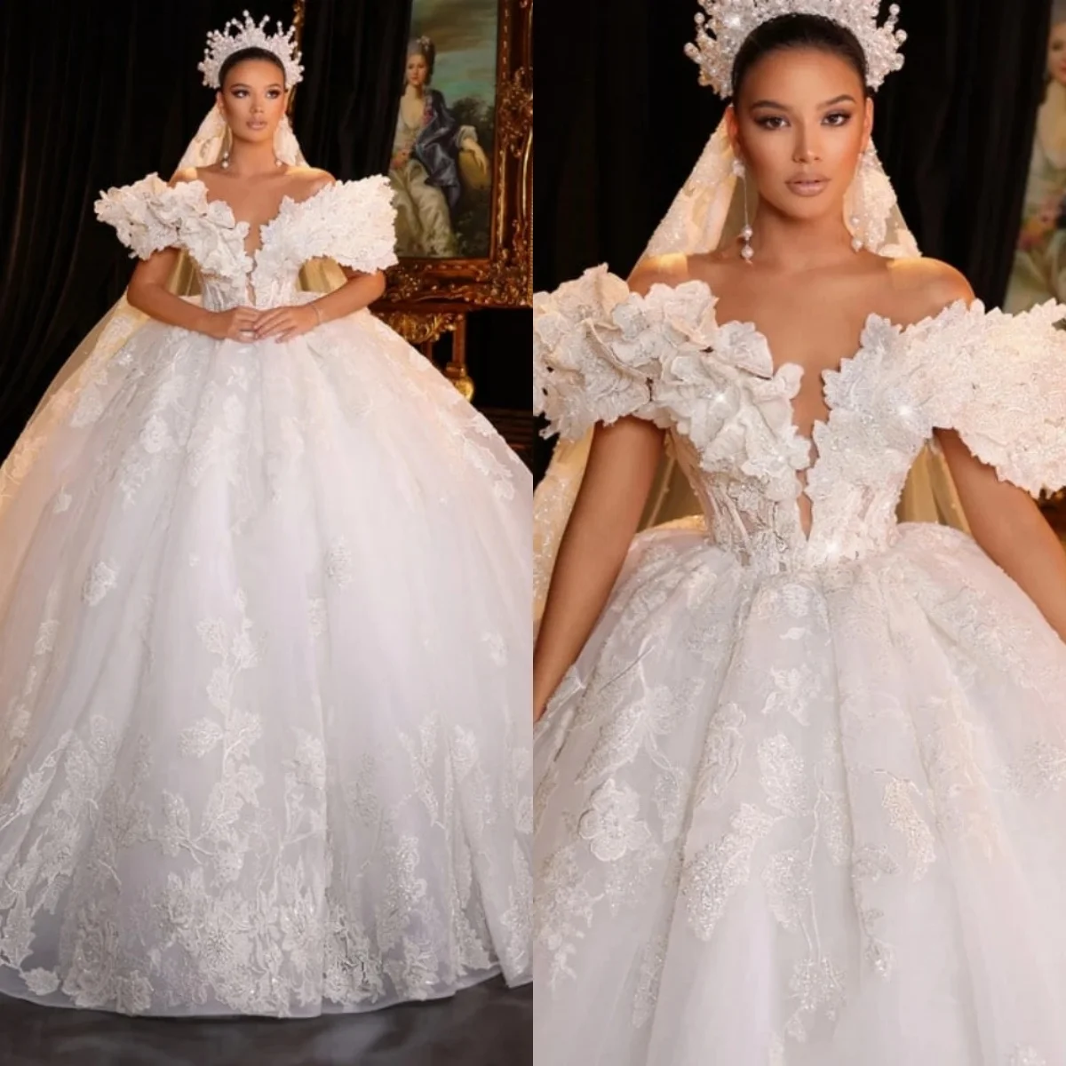 Vestido de novia de lujo con hombros descubiertos, vestido de baile de encaje Floral, apliques de manga corta, vestidos de novia personalizados