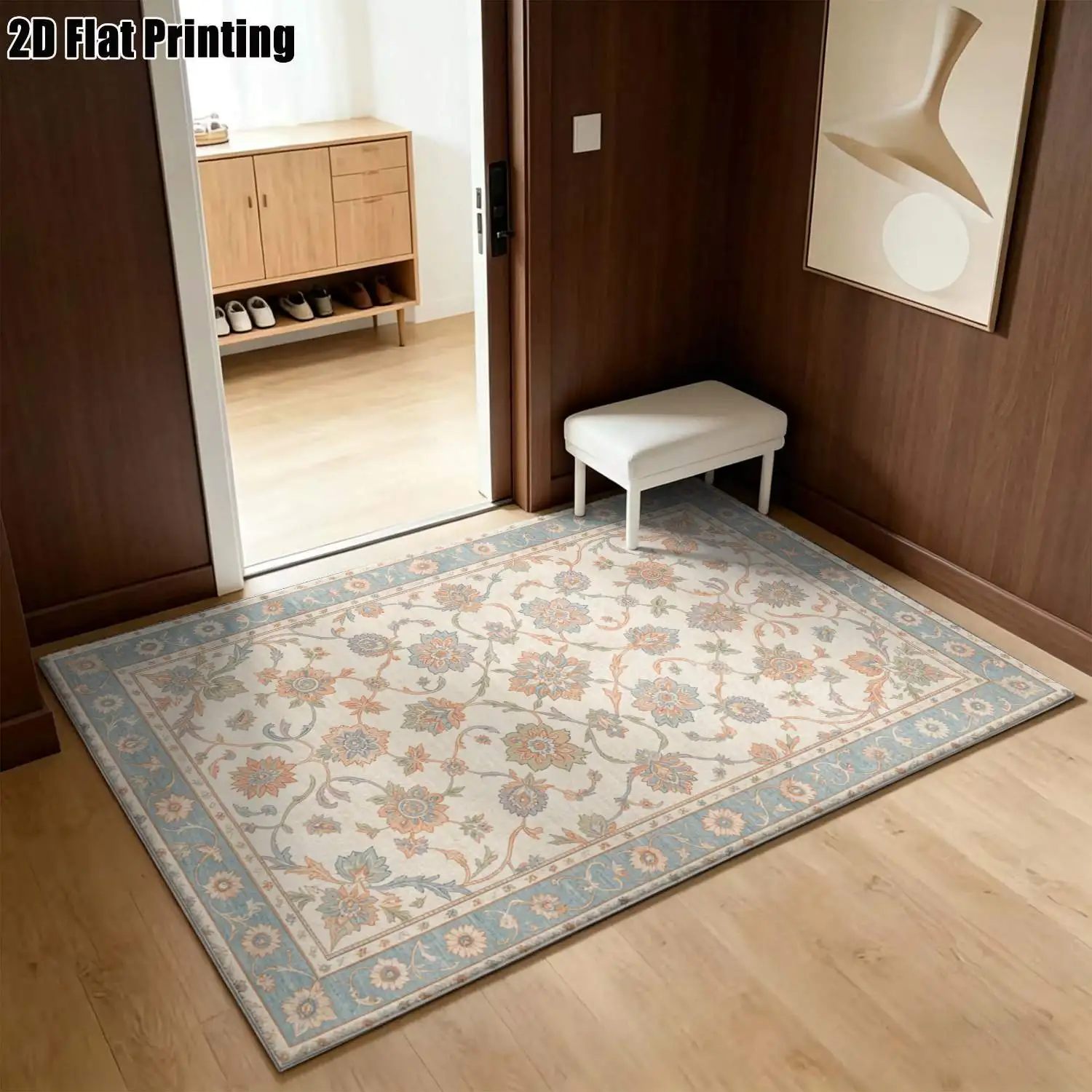 1Pc 2D Printed Carpet: Blue-Orange Floral, European Vintage, Bohemian, Geometric Floral, Simple Fresh Home Decor Mat, Multi-Size, Machine Washable, for Living Room, Bedroom, Dining Room, Entrance, Study