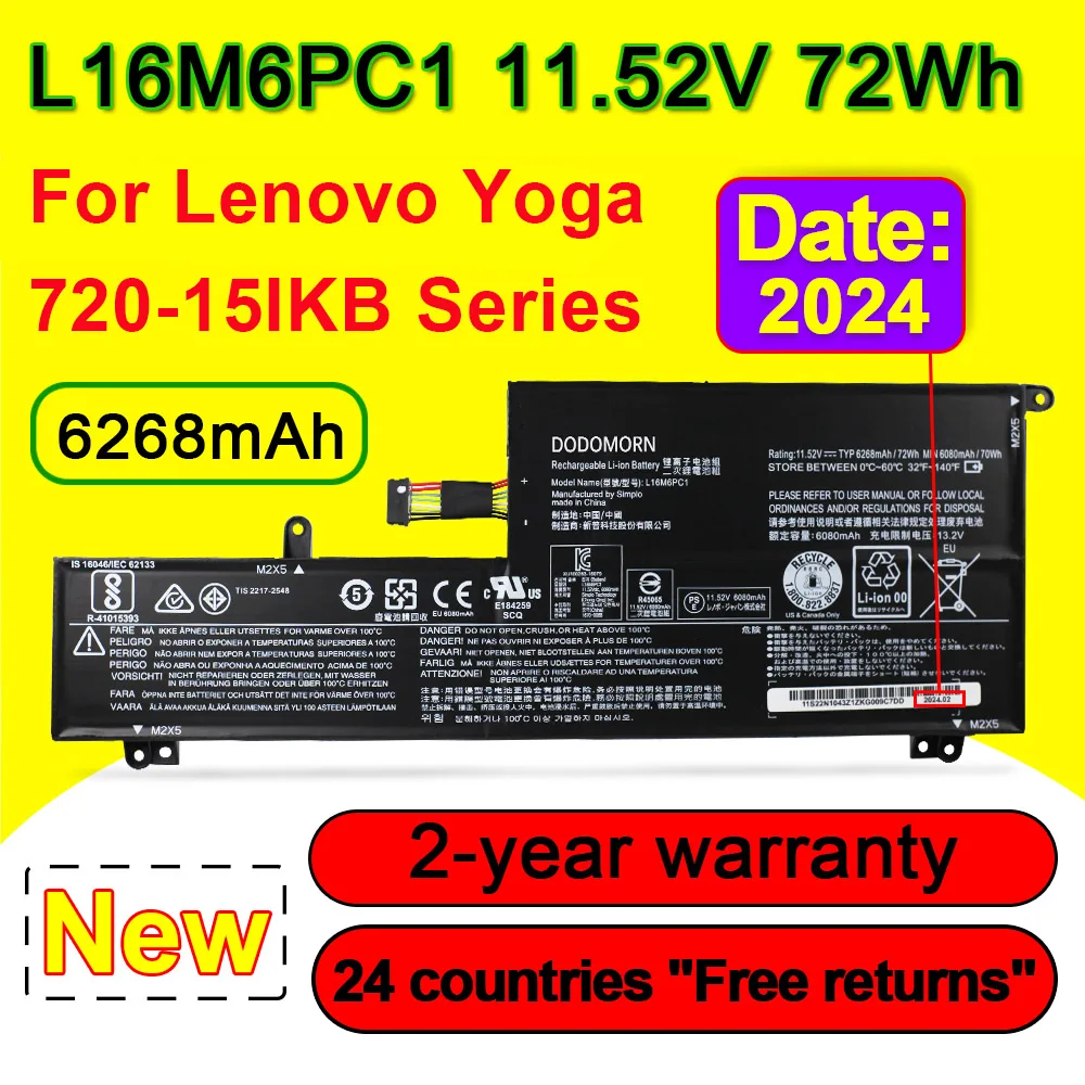 

11.52V 72Wh L16M6PC1 L16L6PC1 L16C6PC1 Laptop Battery For Lenovo Yoga 720-15IKB 80X7 Series 6268mAh In Stock Rechargeable