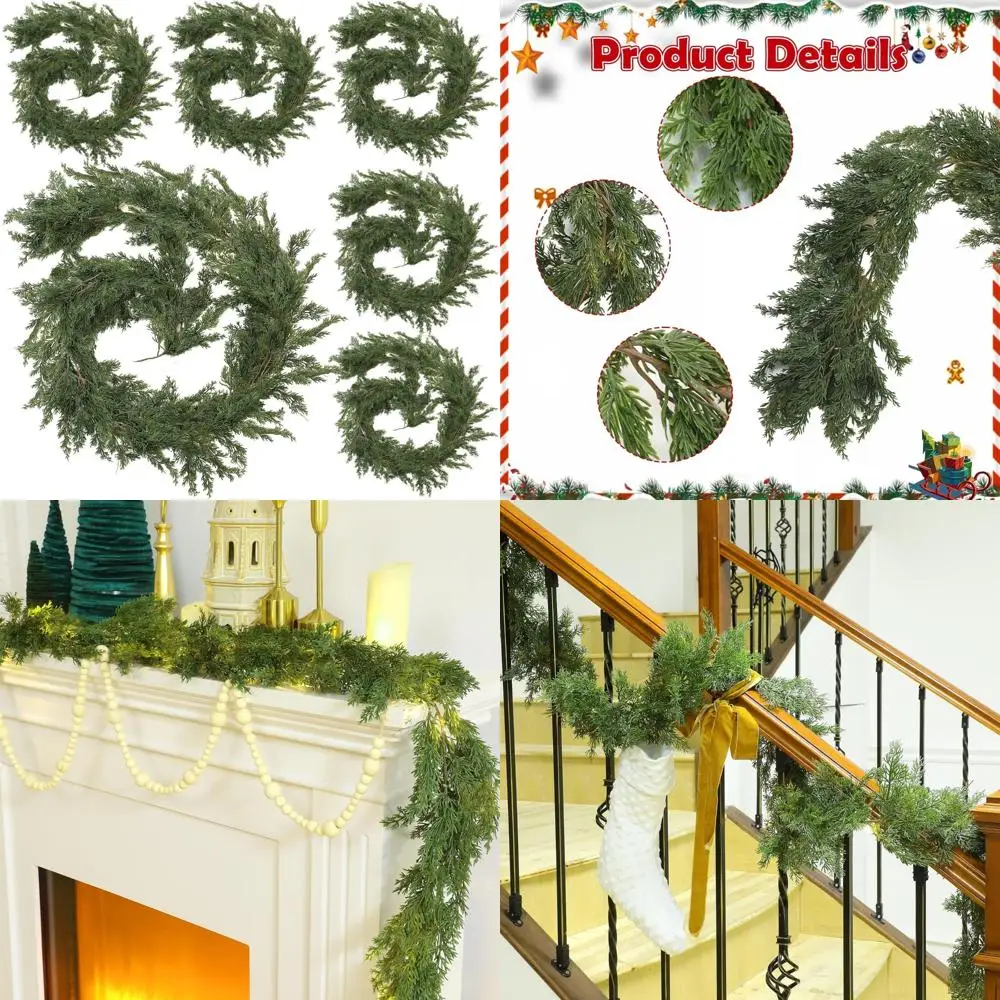

Artificial Christmas Cedar Garland - 6 Feet Long, 6 Pieces, Realistic Green Pine and Cypress Winter Greenery for Holiday Decor