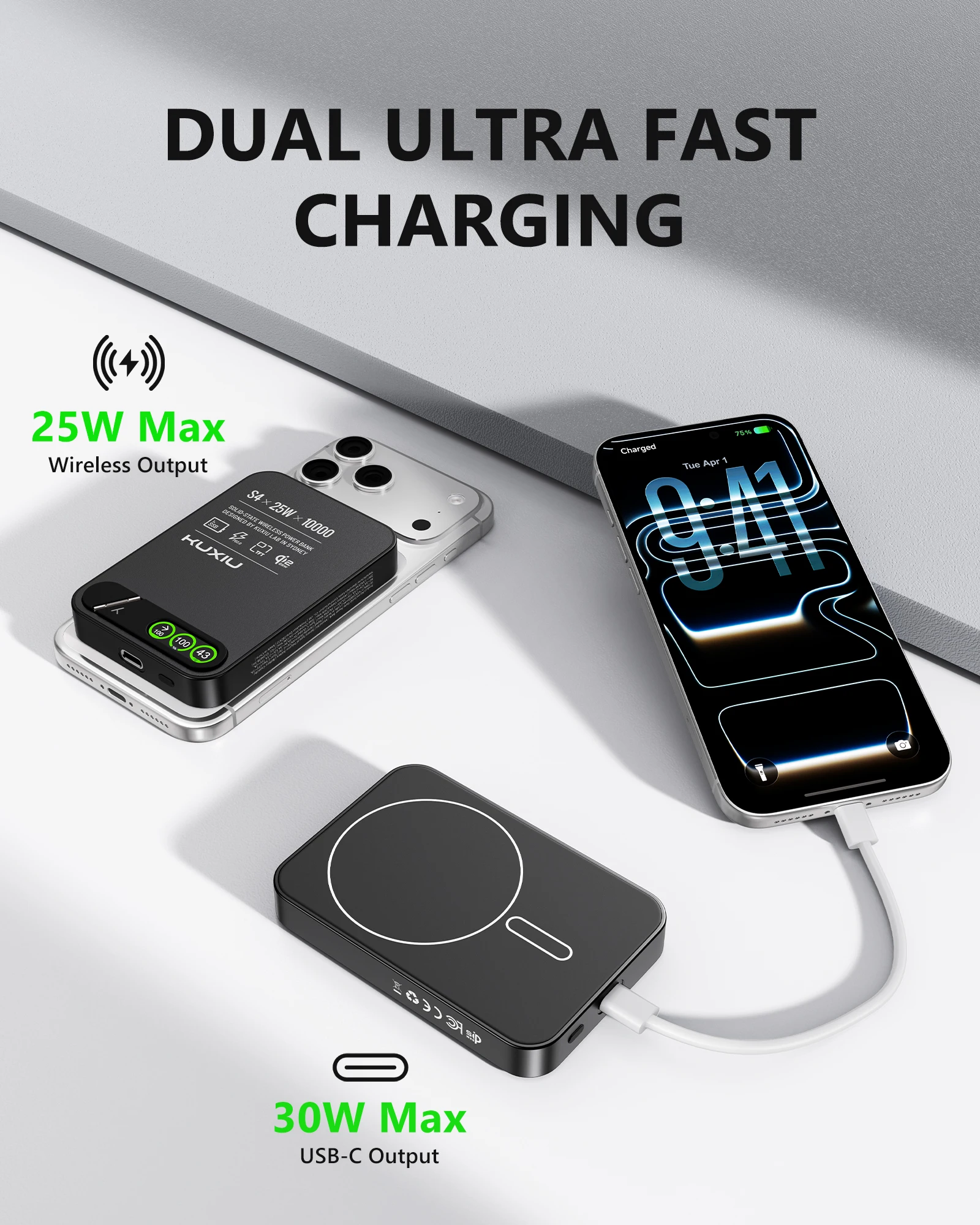 KUXIU 무선 보조배터리 S4 Qi2.2 25W 10000mAh 알루미늄 합금 반고체 안전 보조배터리 코스믹 오렌지/블랙