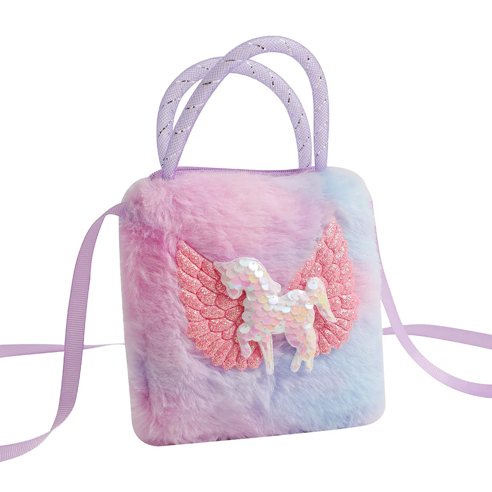 Children's Cartoon Unicorn Shoulder Bag Cute Girl Storage Crossbody Bag Daily Wear Plush Handbag for Women