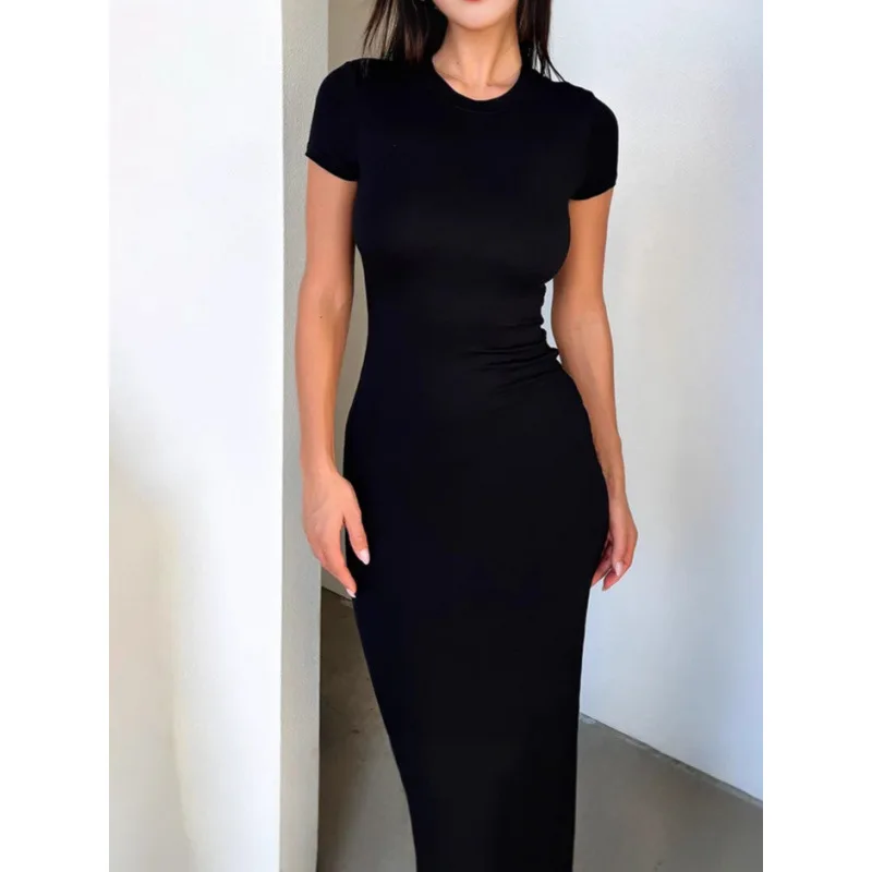 

Fashion Dresses Solid Color Elegant Casual Commuting Style Clothing Short-sleeved High-waisted Round Neck Pullover Long Dress