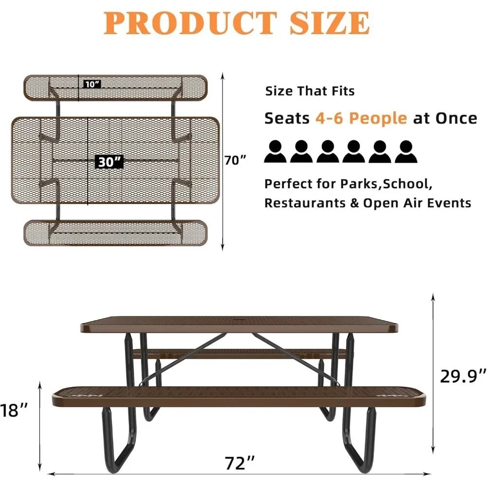 Rectangular Commercial Picnic Table for 4-8 Person, Heavy Duty Metal Picnic Table with Umbrella Hole for Outdoor Coffee Shop