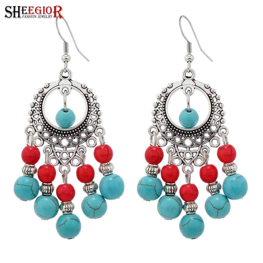 Boho Colored Beads Dangle Earrings for Women Accessories Indian Ethnic Vintage Hollow Moire Long Earring Fashion Ornaments Gifts