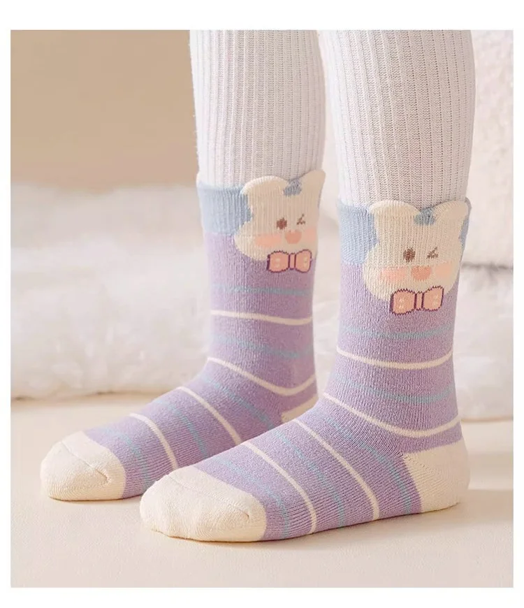 Wintersocken für Mädchen, dicke Baumwolle, warme Socken, kleine große Mädchen, florale Hasensocken, 5 Paar/Beutel, wadenlange Thermo-Frottee-Socken für Babys – Detail 9