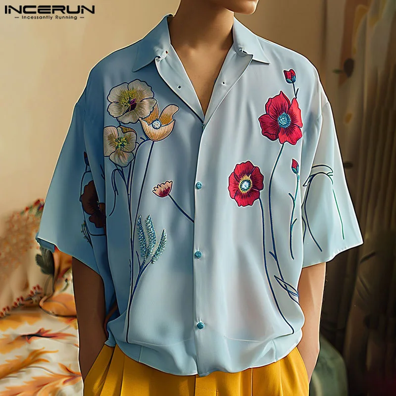 

INCERUN Men Shirt Flower Printing Lapel Short Sleeve Button Loose Men Clothing Summer 2024 Streetwear Vacation Fashion Shirts