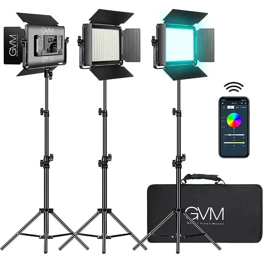 RGB LED Video Light Kit 60W Bluetooth Control Dimmable Panel Photography Lighting 3 Packs Remote App Control Carry Bag Power