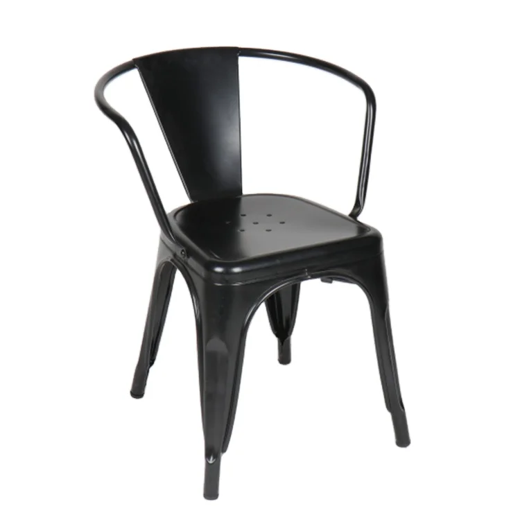 Venta al por mayor, barato, Industrial, de grado comercial, negro, apilable, para interiores y exteriores, silla de restaurante de Metal de hierro, silla de bistró con reposabrazos