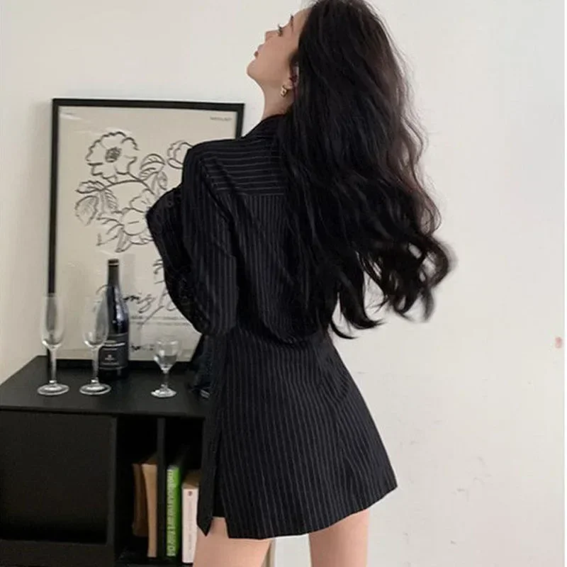 Deeptown Vintage Blouses Black Stripe Tunic Shirts Long Sleeve Top Women Korean Fashion Office Lady Old Money Aesthetic Elegant